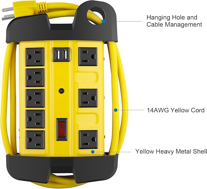 CCCEI Heavy Duty Power Strip with USB, Workshop 8 Outlet Surge Protector 2700 Joules, Industrial Metal 15Amp Power Strip, 20 FT Extension Cord and Wide Spaced Yellow.