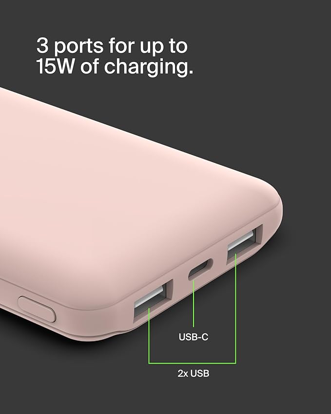 Belkin Portable Charger, USB-C Power Bank 10000 mAh w/ 1xUSB-C & 2xUSB-A Ports, 15W w/ Type-C to Type-A Cable - iPhone 17, Samsung Galaxy S25, Google Pixel 10, Nintendo Switch 2, etc. - Rose Gold