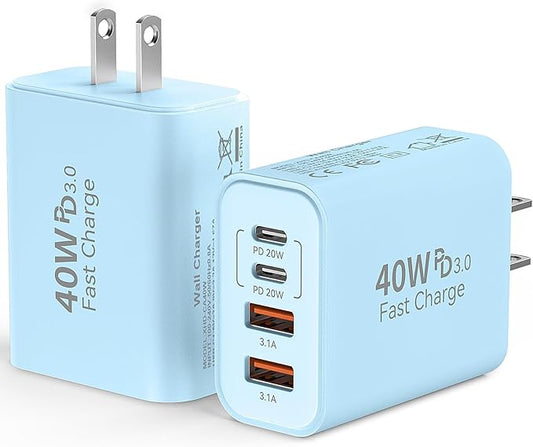 USB C Wall Fast Charger Block, 40W 4-Port Type C Chargers Fast Charging Blocks PD Power Charger Adapter+QC 3.0 USB Multiport Charger Brick for Phone 17/16/15/14/13/12 Pro Max, i-Pad, Galaxy S25-2Pack