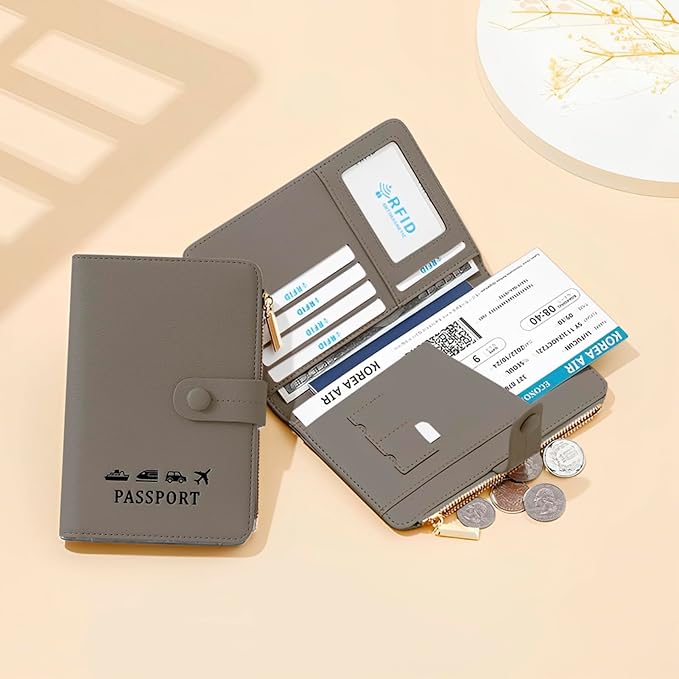 DOB SECHS Passport Holder Wallet for Women, Leather RFID Blocking Passport Cover Credit Cards Case Women Travel Accessories Organizer Pouch Bag with ID Window+Zippered Cash Pocket+SIM Slots, Grey