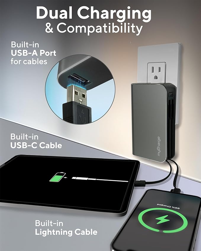 myCharge Portable Charger with Wall Plug – 10050mAh Fast Charging – Power Bank for iPhone, Samsung, Android & More - External Battery Pack Portable Charger with Built-in Cables (Lightning + USB-C)