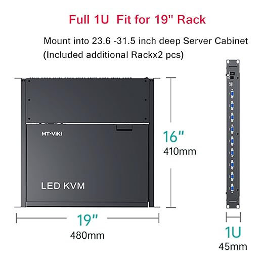 MT-VIKI Rack Mount KVM, 8 Port KVM VGA Switch w/15.6'' LCD Monitor, 1080P, Mount into 23.6-31.5'' deep Server Cabinet, Integrated Touchpad+Keyboard+8 KVM Cables