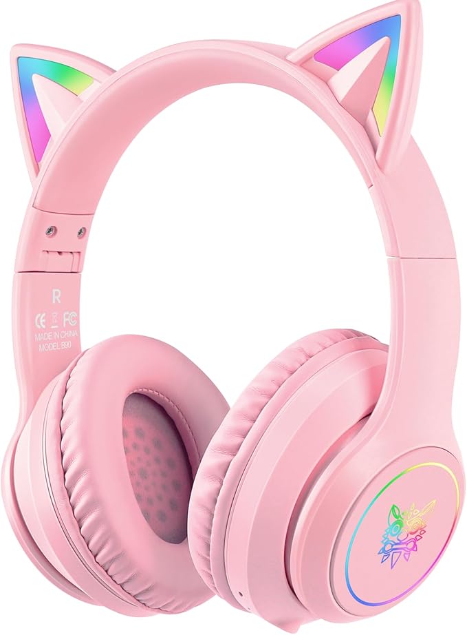 Bluetooth Kids Headphones with Microphone, Cat Ear LED Light Up and 85dB Volume Limiting Toddlers Study Headphones, Wireless Foldable HI-FI sound Over-Ear School Headphones for iPhone/iPad/Laptop/PC
