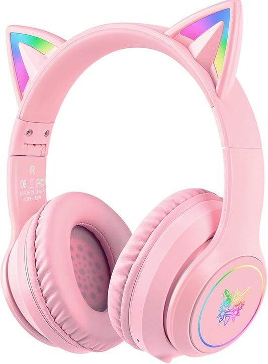 Bluetooth Kids Headphones with Microphone, Cat Ear LED Light Up and 85dB Volume Limiting Toddlers Study Headphones, Wireless Foldable HI-FI sound Over-Ear School Headphones for iPhone/iPad/Laptop/PC