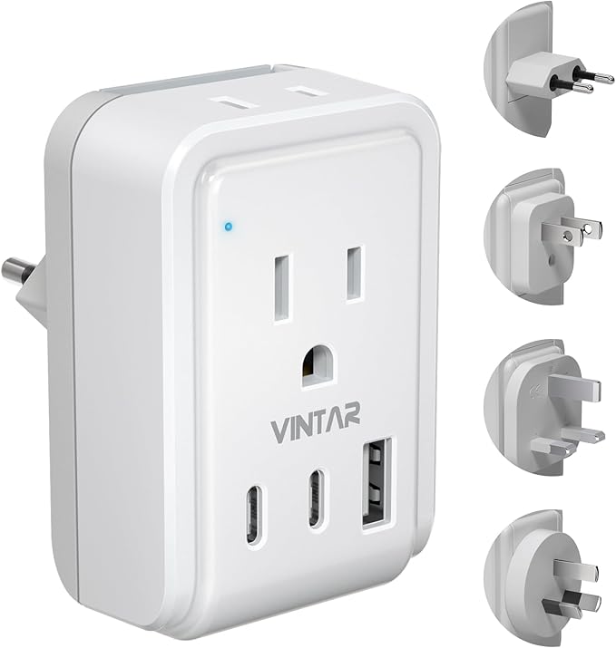 Universal Travel Adapter Kit, VINTAR International Plug Adapter with 3 USB Ports(2 USB C, 3.4A) and 2 American Outlets, Type A,C,G,I Detachable Attachments, Adapter for US/Japan/Europe/UK/AUS