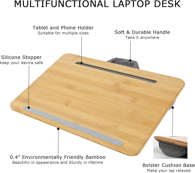 SUMISKY Portable Laptop Desk with Cushion and Phone Holder Bamboo Laptop Stand for Sofa Fits Up to 14 Inches