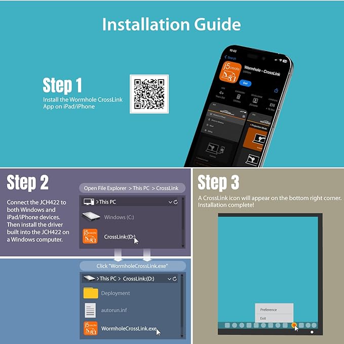 j5create iPad/iPhone to Windows Collaboration Sharing Hub, Use iPad as a Second Display for Windows Laptop, Transfer Files Between iPhone and Win PC, Wormhole Switch CrossLink (JCH422)