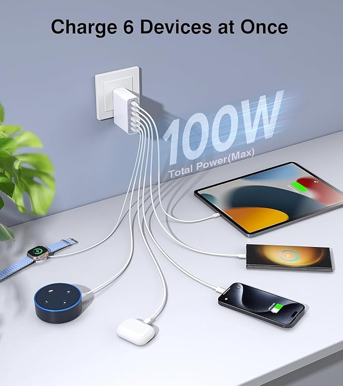 USB C Fast Charger Block,100W GaN 6 Port PD USB C QC USB A Wall Charger Type C Charging Station Hub Plug Cube Brick for iPhone 17 Pro Max/17 Air/16 Plus/15/14 Pro/13 Mini/iPad Pro 5ft Extension Cord