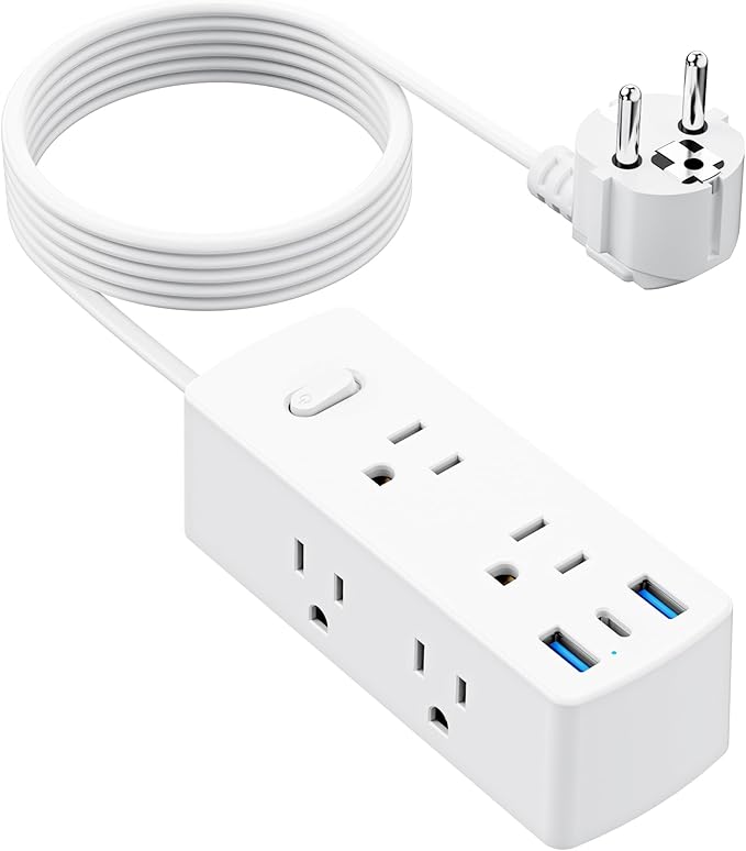European Travel Plug Adapter, Olcorife US to Europe Type E/F Plug Adapter, International Power Strip with 6 Outlets and 3 USB(1 USB-C), 5 FT Cord for Germany France Iceland Spain