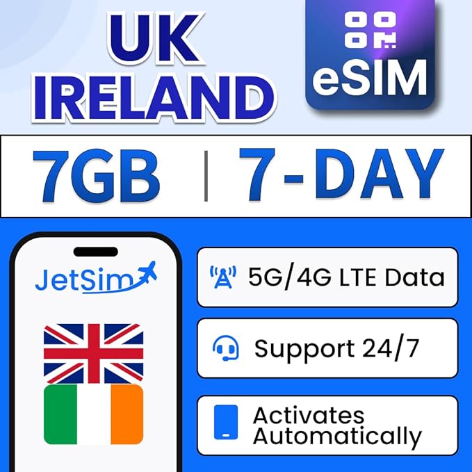 UK & Ireland [eSIM] 7-Days, 7GB High-Speed Data (1GB/Day), Mobile Hotspot & Tethering, Instant Delivery, Auto-Activation, Uses Three UK, Prepaid Virtual SIM Card