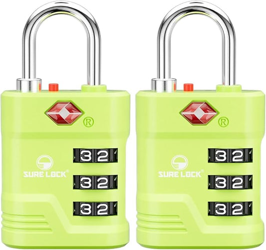 SURE LOCK TSA Locks for Luggage, TSA Approved Luggage Locks with Open Alert, 008 Key for High Security, Easy Read Dials, Zinc Alloy Body, Locker Lock for Suitcase, Gym, Travel. (Green 2 pk)