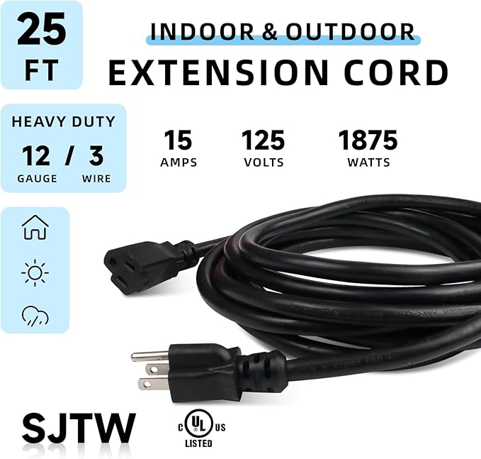 EP 25 Ft Outdoor Extension Cord - 12/3 SJTW Heavy Duty Black Extension Cable with 3 Prong Grounded Plug - Power Cord for Lawn, Garden, Appliances