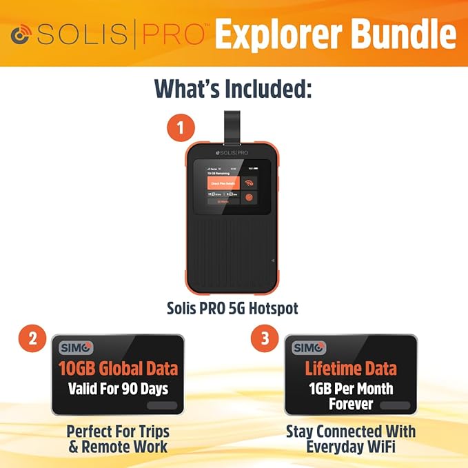 Solis Pro – Mobile 5G Hotspot and Power Bank, Bundle Includes Lifetime Data (12GB Per Year) and 10GB Global Data, Multi-Carrier, Wi-Fi 6E in140+ Countries, No Contract, Portable Internet by SIMO