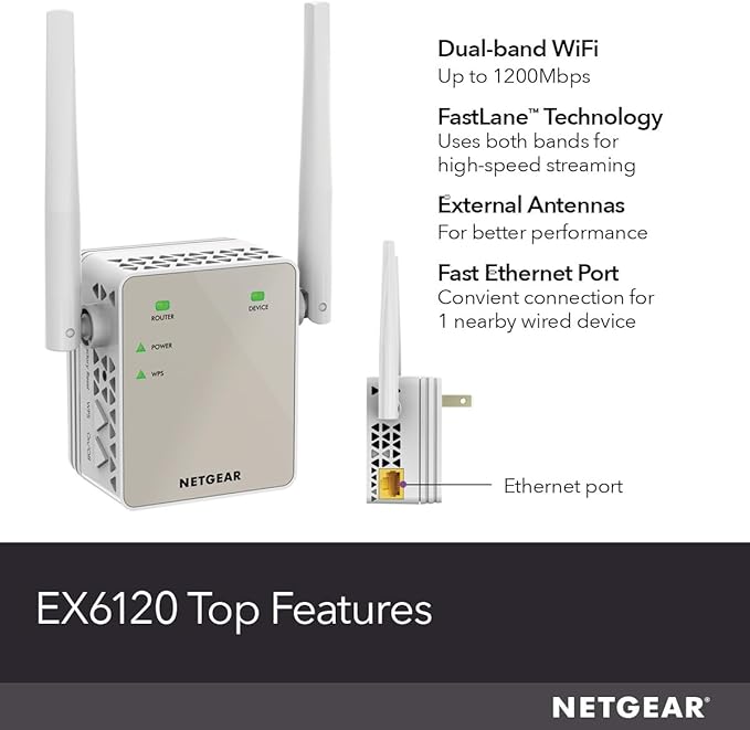 NETGEAR WiFi Range Extender (EX6120) - Add up to 1,500 sq. ft., 25 Devices - AC1200 Dual Band Wireless Signal Booster & Repeater (Up to 1.2 Gbps Speed), Compact Wall Plug Design – Free Expert Help