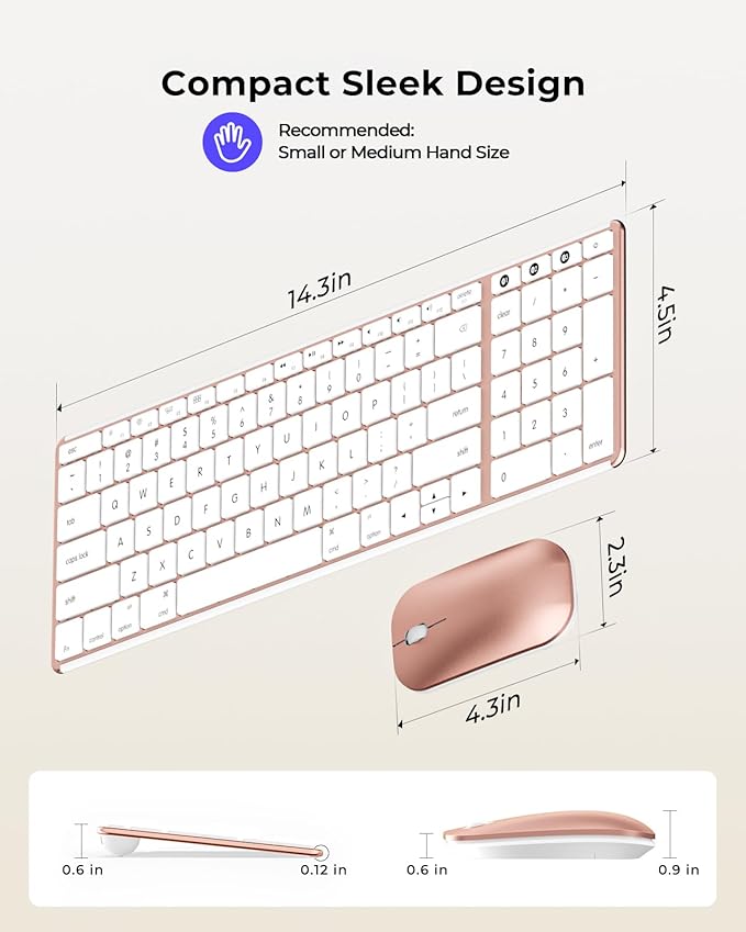seenda Bluetooth Keyboard and Mouse for Mac, SKM64-2 Multi-Device Rechargeable Slim Wireless Keyboard Mouse Stainless Steel Full Size, Compatible with MacBook Pro/Air, iPad, Mac - White Rose Gold