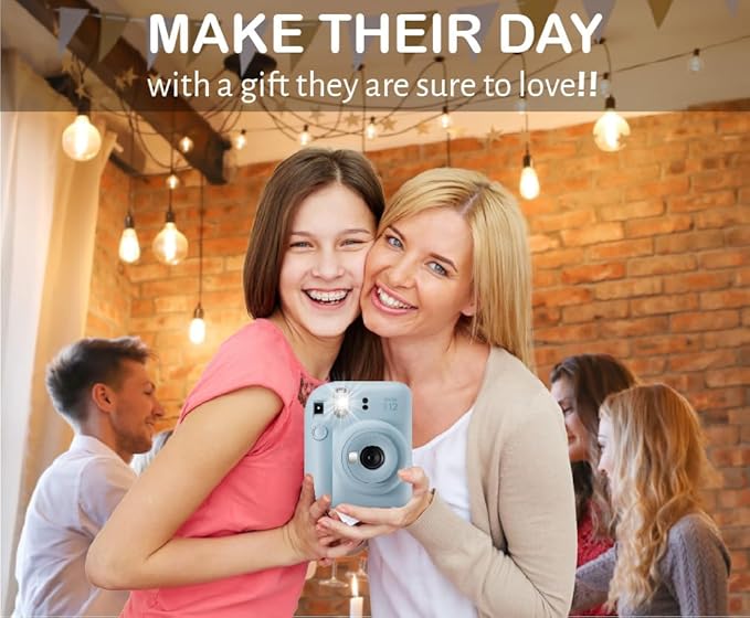 Fujifilm Instax Mini 12 Instant Film Camera Pastel Blue, Fujifilm Instax Mini Twin Pack Instant Film 20 Prints, Protective Case, Gift Bundle