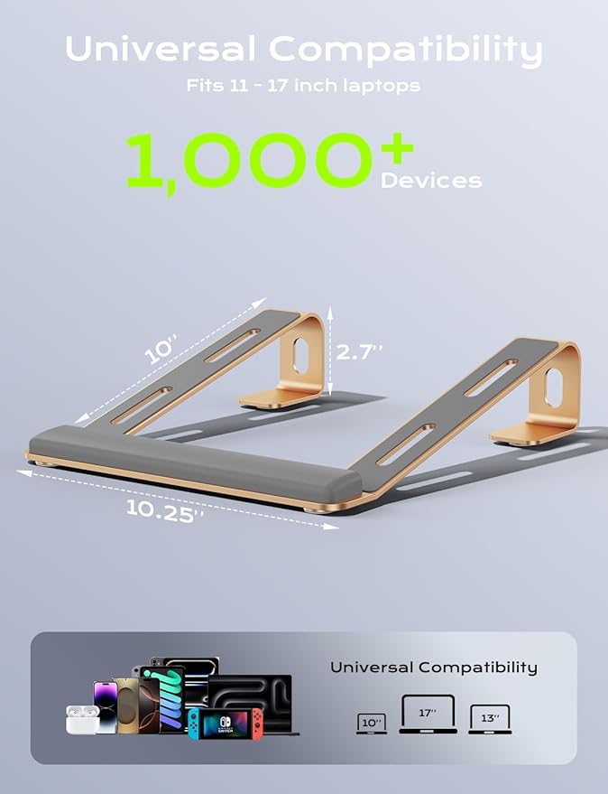 Aluminum Laptop Stand, Notebook Stand with Wrist Rest, Ergonomic Detachable Laptop Mount, Computer Stand Compatible with 10-17'' All Laptops Such as MacBook Air Pro/HP/Dell/Lenovo, Gold