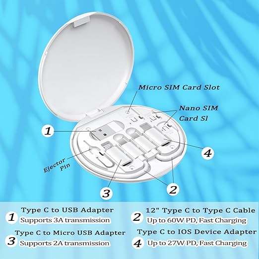 Multi USB Charging Adapter Cable Kit, C to iOS Device Cable Box, Conversion Set USB A & Type C to Male Micro/Type C/iOS Device, Data Transfer, Card Storage, Tray Eject Pin, Phone Holder (White)