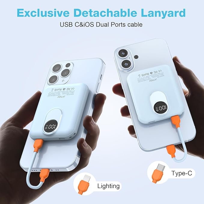 Small Magnetic Power Bank,5000mAh Mag-Safe Battery Pack with 20W Fast Charging Detachable USB C&iOS Cable,with LED Display,Slim Wireless Portable Charger for iPhone16/15/14/13/12 Series (Blue)