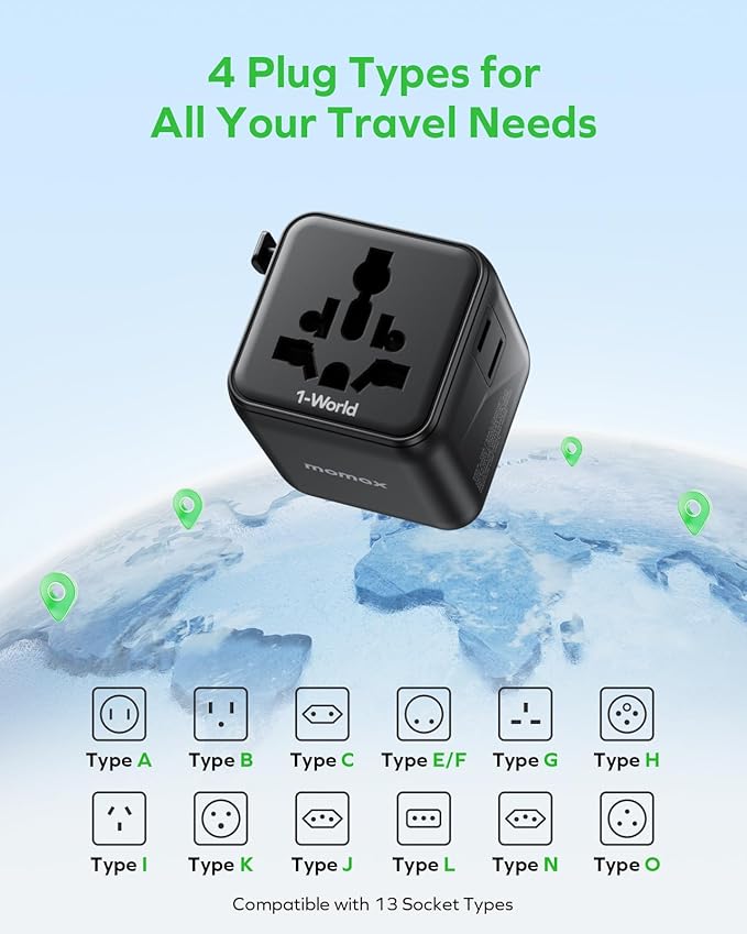 MOMAX Mini Universal Travel Adapter Worldwide, 2 AC, All European Travel Plug Adapter UK, Travel Essentials for US to Europe Adaptor, All-in-One Wall Charger for AUS JP, Over 200 Countries