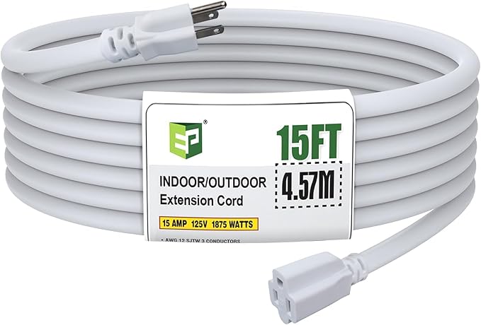 EP 15 Ft Outdoor Extension Cord, 12/3 SJTW Heavy Duty Extension Cable with 3 Prong Grounded Plug, 15 AMP Power Cord for Lawn, Garden, Appliances, White
