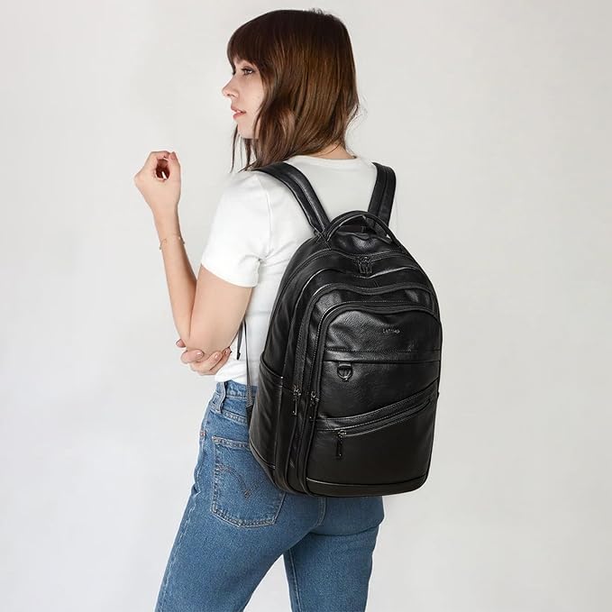 43L Backpack for Women Men - Vegan Leather Backpack Purse Travel Carry-on Bag College Bookbag Work fits 17" Laptop, Black