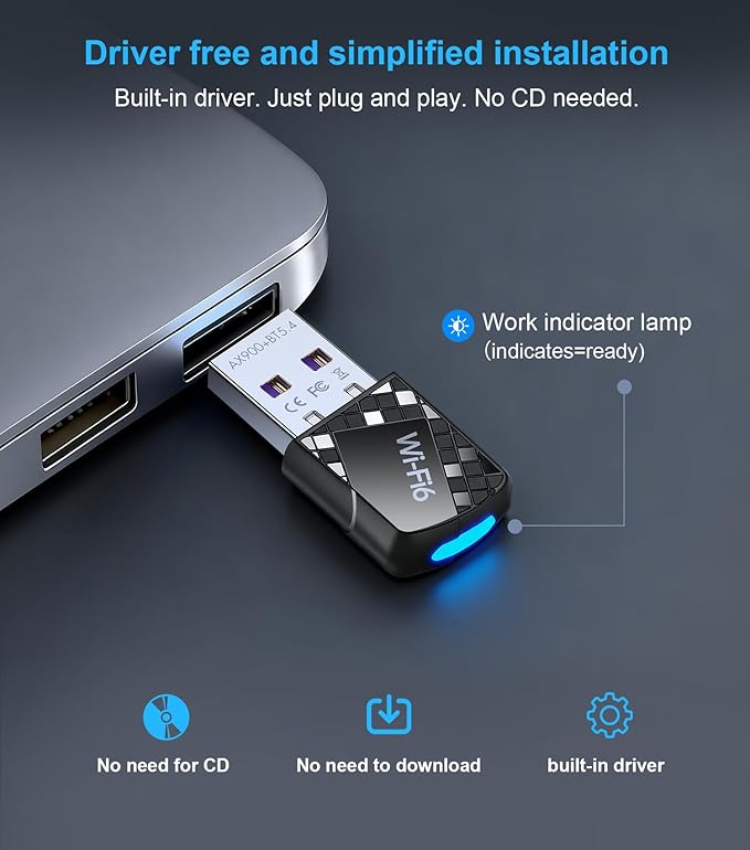 USB Wi-Fi Adapter,WiFi 6 & Bluetooth Adapter for Laptop PC - 900Mbps Wireless Dongle, 5G/2.4GHz Dual Band, Built-in Driver for Desktop/Laptop/PC,WPA3,BT5.4 Supports Windows 7/10/11