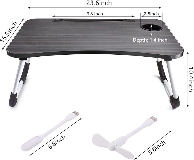 Slendor Lap Desk with Cup Holder, Foldable Laptop Table for Bed, Portable Bed Desk for Laptop and Writing, Computer Tray with Tablet Slot, Notebook Stand Reading Holder for Couch Sofa Floor,Black