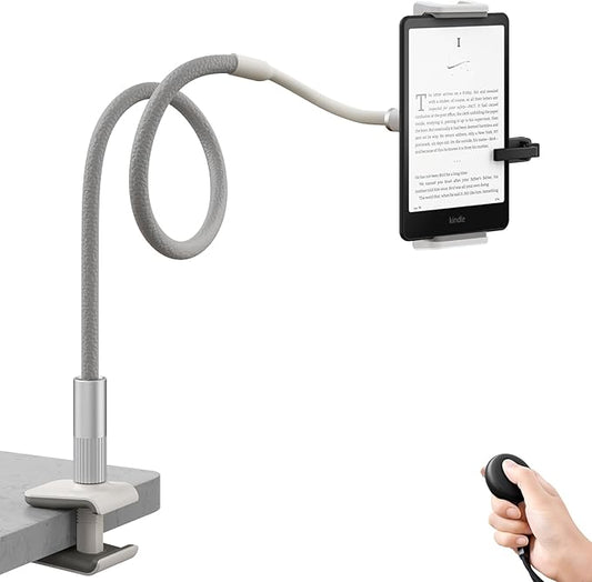 SAIJI Gooseneck Kindle Holder with Remote Page Turner, Tablet Holder for Bed, 100 cm Flexible Lazy Arm，Free Hands Kindle Accessories, Leather Tablet Stand for Reading in Bed, Gray