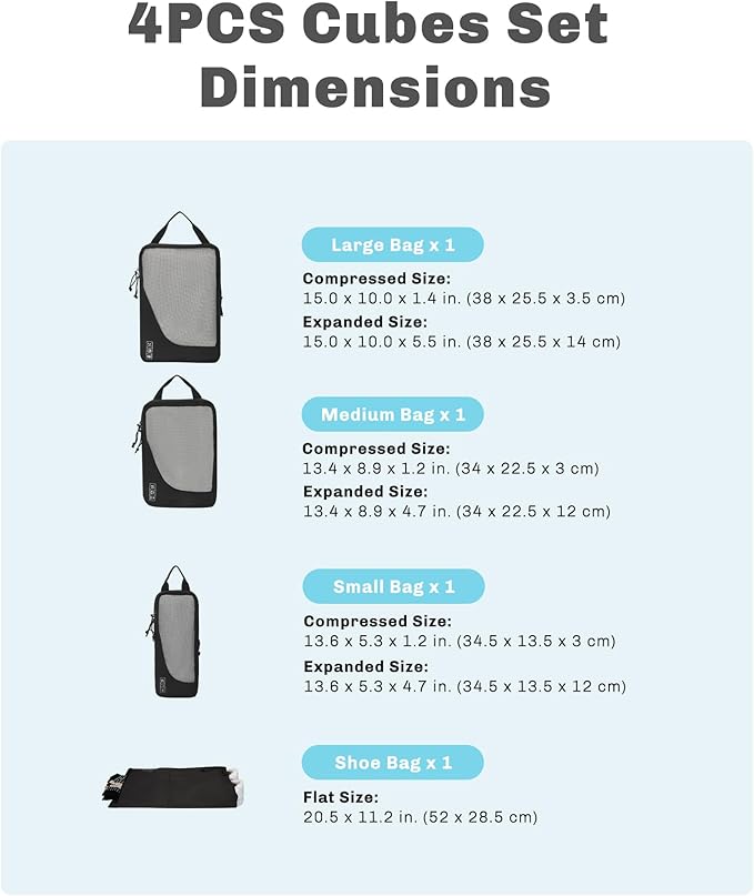 Hynes Eagle 6 Set/ 4 Set/ 2 Set Compression Packing Cubes Travel Essentials Lightweight Nylon Luggage Suitcase Organizer Bag Black 4PCS