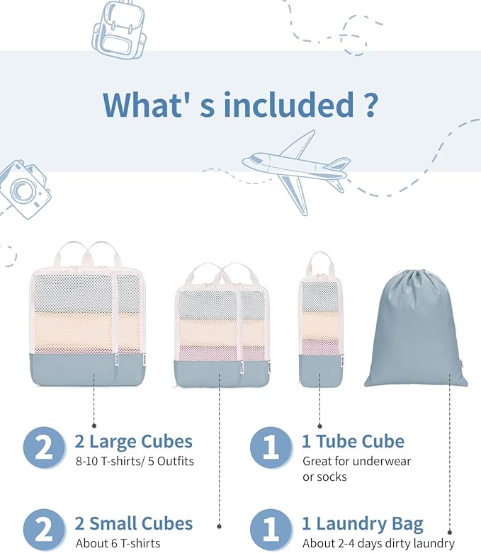 Narwey 6 Set Compression Packing Cubes for Travel Kids Women Carry on, Packing Organizers Bag for Backpack Luggage Suitcase Duffle Bags