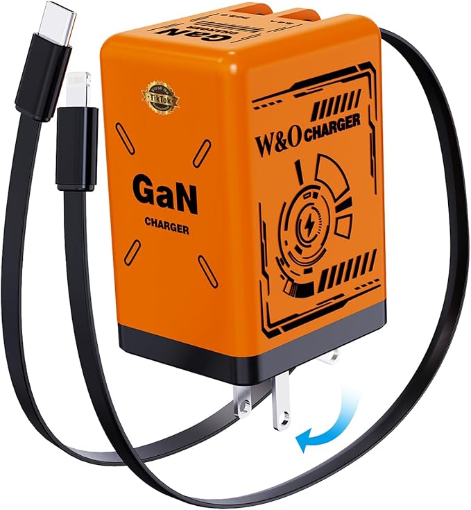 W&O gan Charger Fast Charger,45W Retractable Phone Charger Wall Plug with Lightening and Type-C Cables,for iPhone16/15/14/13/12/11 Series, Galaxy S25 24,Android and More (Orange)