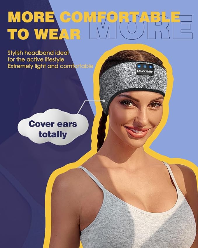 LC-dolida Sleep Headphones Bluetooth Headband Wireless Headband Headphones with Thin HD Stereo Speakers Perfect for Side Sleepers, Sport, Yoga, Travel (Fashion Grey)