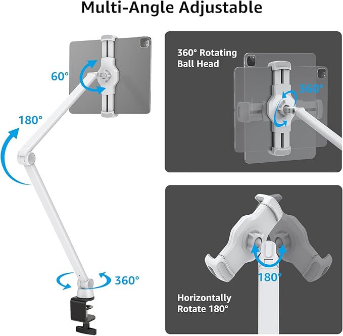 BEWISER Tablet Stand Holder Desk Mount,360°Rotating Flexibly, Angle Adjustable Long Arm, Folding Aluminium Alloy Compatible with4.7-13" Phone or Tablet in Kitchen/Office(White)