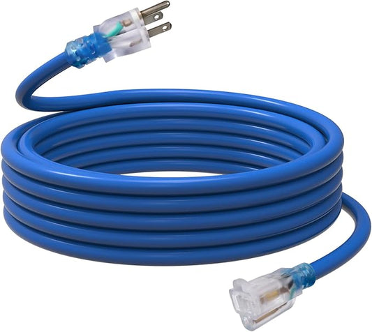 EP 25 Ft Outdoor Extension Cord, 12/3 SJTW Heavy Duty Waterproof Power Cable, 3 Prong Grounded Plug, Lighted End, for Lawn, Garden, Appliances, Blue