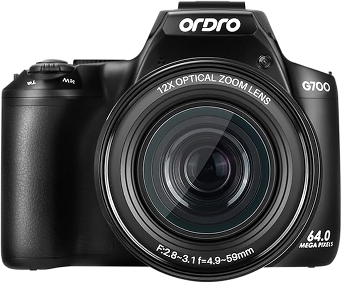 Ordro G700 Digital Camera, 64MP | 12X Optical Zoom | 4K Video | AF/MF | 3.0" Touch Screen | Built-in Flash | 2 Batteries (Black)