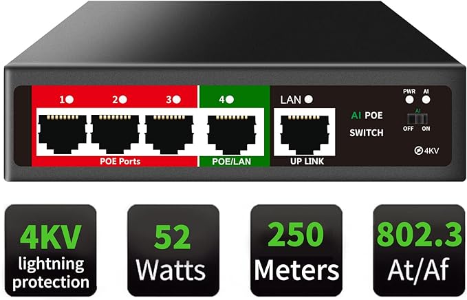 STEAMEMO 5 Port PoE+ Switch | Easy Smart Managed Ethernet Switch | Support VLAN, QoS | 52W Total PoE Budget | Fanless Metal | Plug & Play (Desktop/Wall Mount)