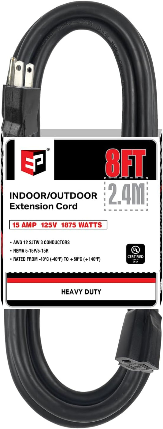 EP 8 Ft Outdoor Extension Cord - 12/3 SJTW Heavy Duty Black Extension Cable with 3 Prong Grounded Plug - Power Cord for Lawn, Garden, Appliances