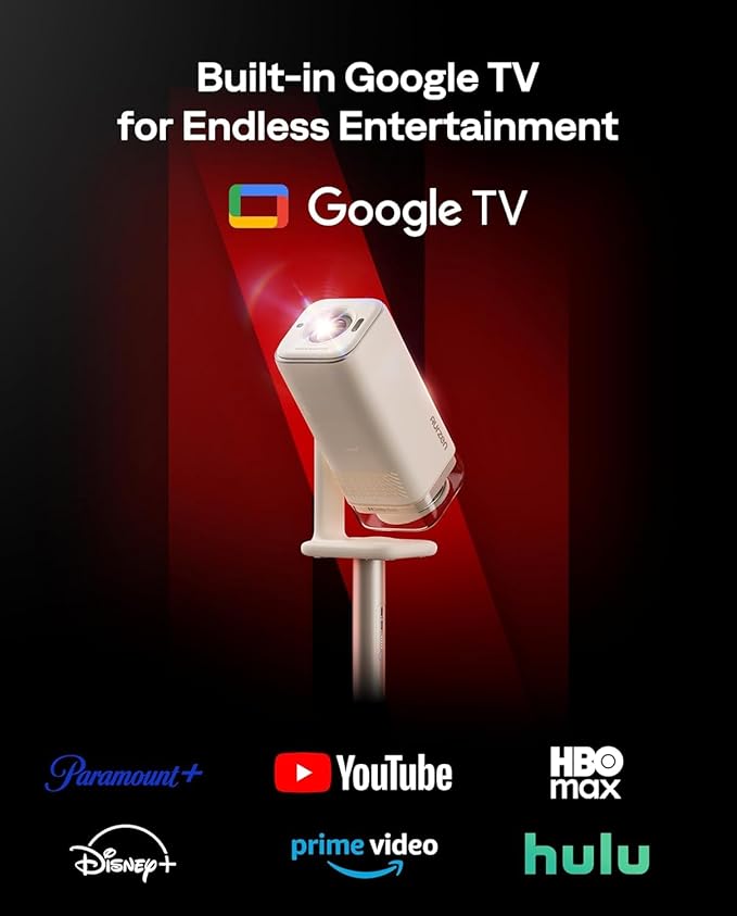 Aurzen BOOM Air Portable Google TV Projector with WiFi and Bluetooth, Smart Projector for Outdoor & Home Movie, USB-C Powered, 4K Supported, Real-Time Focus, Dolby Audio, Adjustable Stand, Off-White