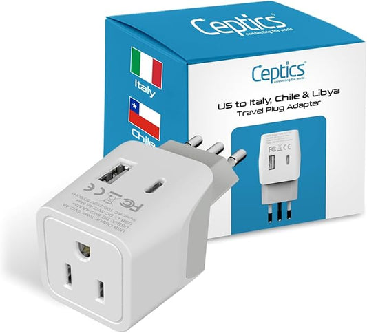 Ceptics Italy Travel Plug Adapter – Type L Italy Power Adapter with USB-C & A + USA Input –Compact, Safe Grounded for Phones, Laptops & More (CTU 12A)