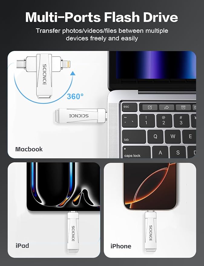 SCICNCE 128GB Flash Drive Intended for iPhone, USB Memory Stick Storage Backup for Photos Videos, Plug and Play No APP Required, Compatible with iPhone iPad Android and Computers (Metal Silver)