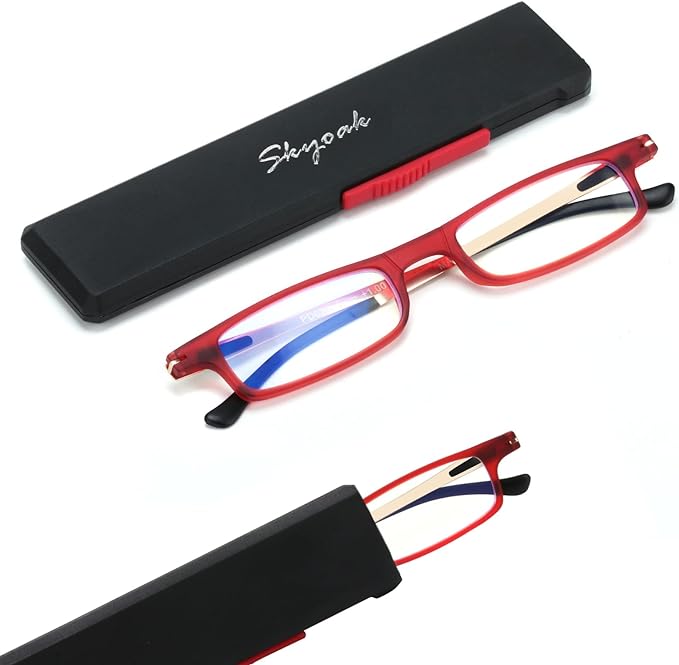 SKYOAK Ultra thin Lightweight Folding Reading Glasses Women Men TR90 Blue Light Blocking Anti UV/Eyestrain Foldable Compact Computer Readers Portable Unique Stretchable Slim Flat Case Red +1.5