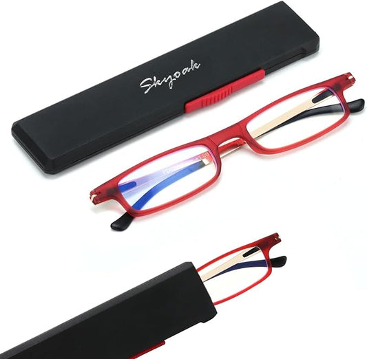SKYOAK Ultra thin Lightweight Folding Reading Glasses Women Men TR90 Blue Light Blocking Anti UV/Eyestrain Foldable Compact Computer Readers Portable Unique Stretchable Slim Flat Case Red +2.0