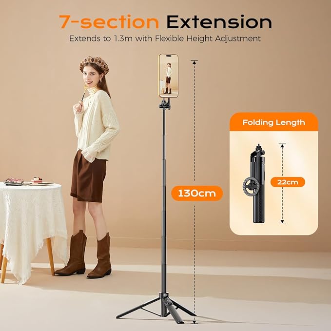 2025 Upgraded Magnetic Phone Tripod,51" Adjustable and Foldable Selfie Stick Tripod for iPhone with Remote,Strong Magnet Selfie Stick Stand for Traveling, Recording,Taking Selfies and Live Streaming