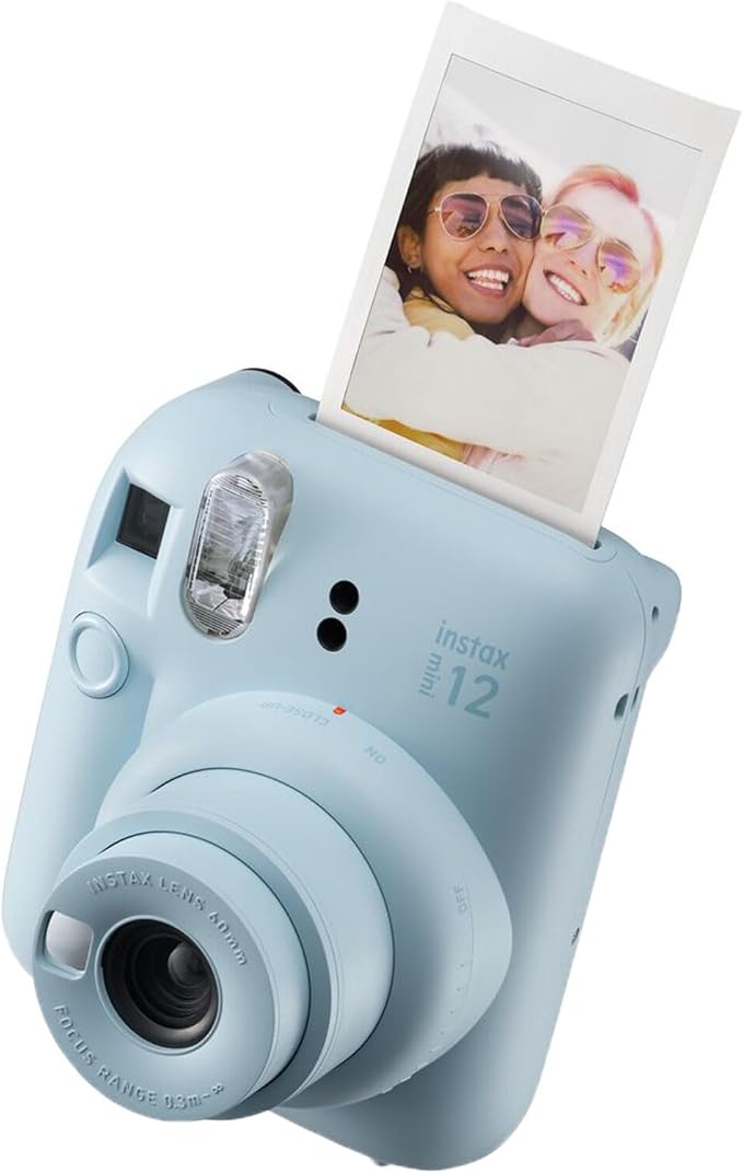Fujifilm Instax Mini 12 Instant Camera + MiniMate Accessory Bundle & Compatible Custom Case + Fuji Instax Film Value Pack (50 Sheets) Flamingo Designer Photo Album (Pastel Blue)
