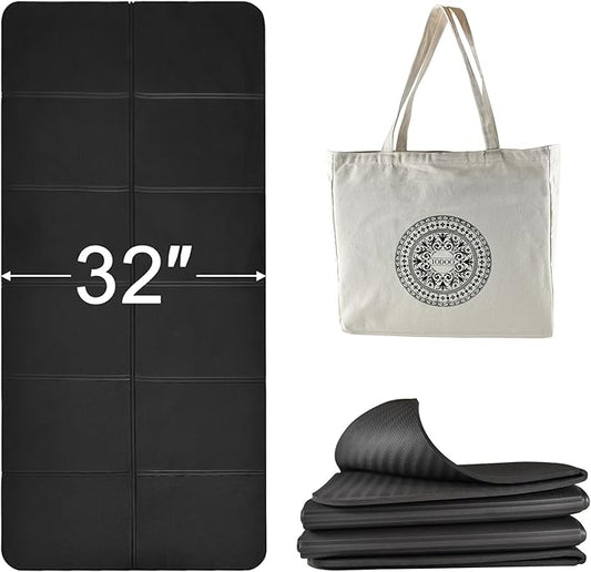 Foldable Yoga Mat 72" L x 32" W x 0.32 Inch Extra Thicked and Wided, Folding Yoga Mat for Travel with Canvas Carrying Bag, Non-Slip TPE Exercise Pilates Mat