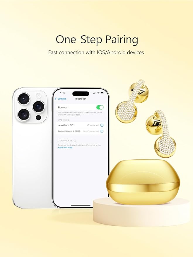JewelPods C01 Wireless Earbuds,Open Ear Earbuds Jewelry-Inspired Designs Metal Clip-on,Excellent Spatial Audio,Sweat and Water Resistant,72H Play,Yellow Gold
