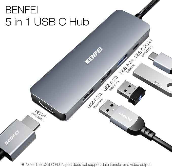 BENFEI USB C Hub 5-in-1 with 4K HDMI(Certified), 100W Power Delivery, 3 USB-A, Silicone Cable, Aluminum Case Compatible with MacBook Pro/Air, iPad Pro, iMac, iPhone 15 Pro/Pro Max, XPS, Thinkpad