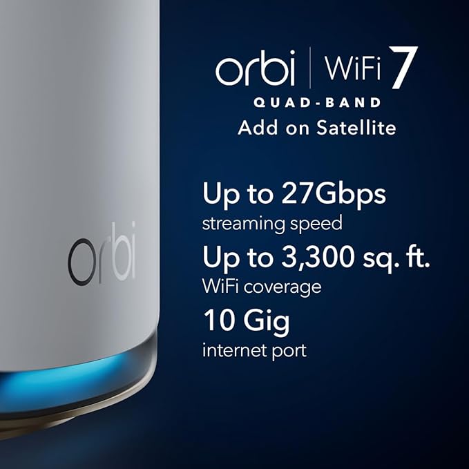 NETGEAR Orbi 970 Series (RBE970) Quad-Band WiFi 7 Mesh Add-on Satellite - Works with Existing 970 Series (973/972/971S), Security Features, Covers up to 3,300 sq. ft., BE27000 802.11be
