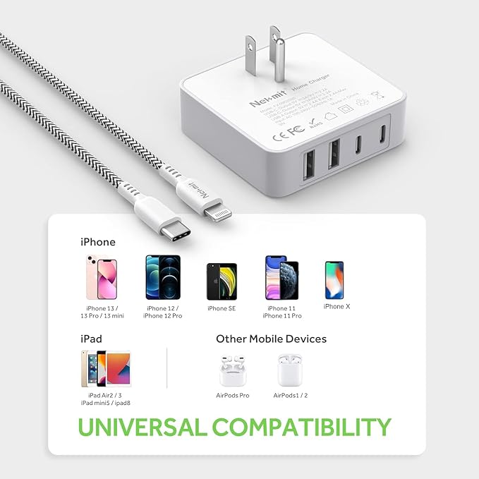 Nekmit USB C Charger, 52W 4-Port Thin Flat Fast Wall Charger Type-C Charging Station with Two 20W PD 3.0 and 2 USB Ports for iPhone 14/14 Pro/14 Pro Max, iPad Pro, Android and More (White(with cable))